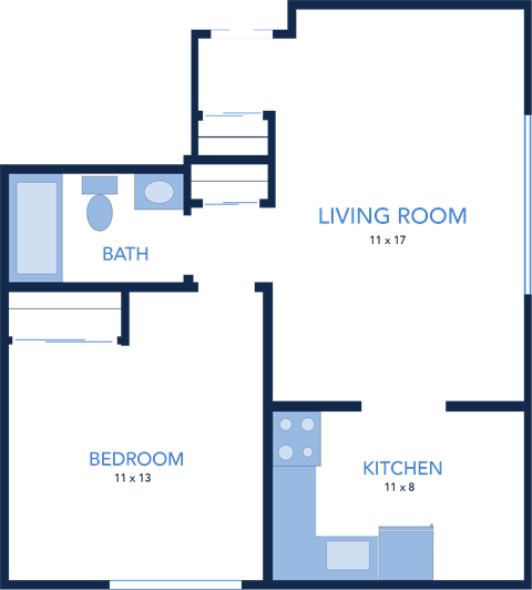 Floor plan for 1 bed, 1 bath, 590 sqft